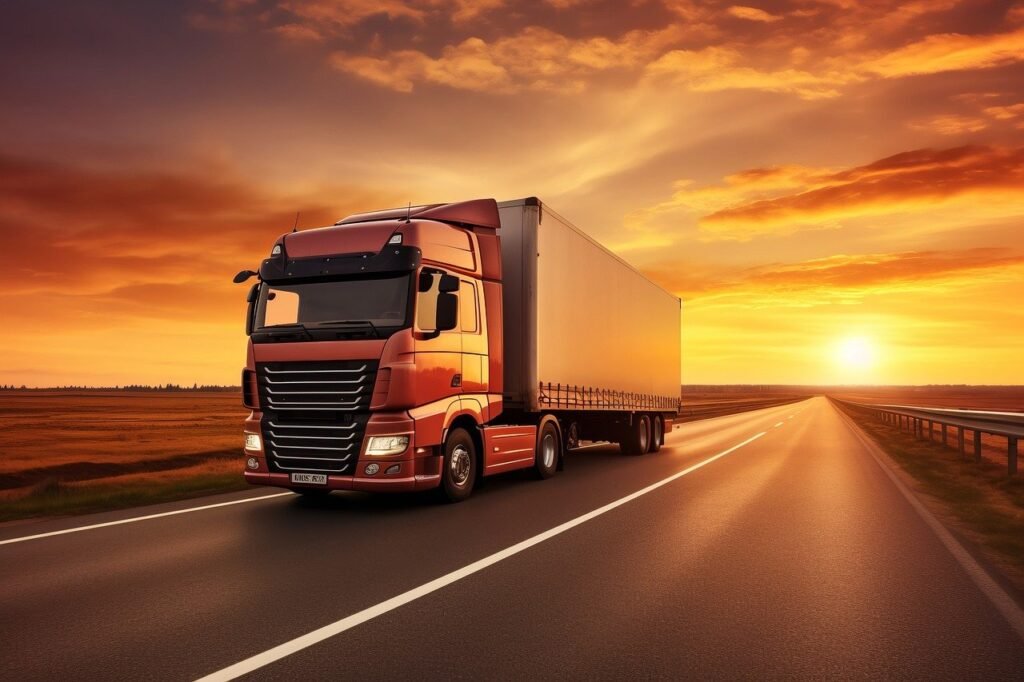 Truck on road, sunrise: Southern California Delivery